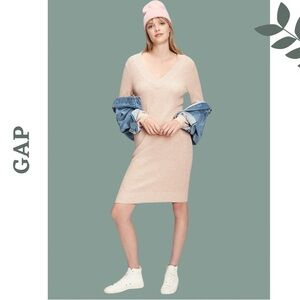 Gap V Neck Sweater Dress Long Sleeve Ribbed Midi Pale Pink Grey Size Extra Small